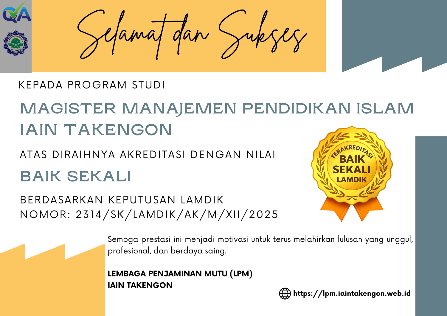 Prodi Magister Manajemen Pendidikan Islam IAIN Takengon Raih Akreditasi “Baik Sekali” dari LAMDIK